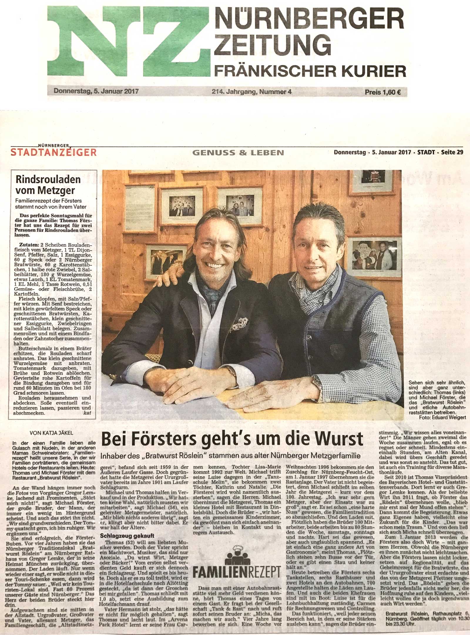 Bei den Förster geht´s um die Wurst, Nürnberger Zeitung, 5. Januar 2017